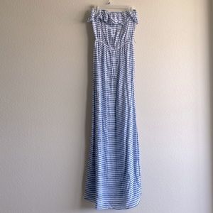 Light Blue and White Striped strapless maxi dress